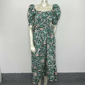 Zara Dress XS Green Pink Floral Print Midi Dress Cutouts Puff Sleeve
